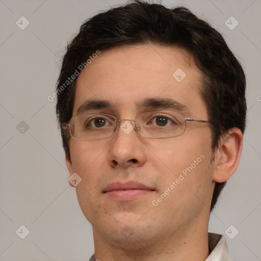 Neutral white young-adult male with short  brown hair and brown eyes