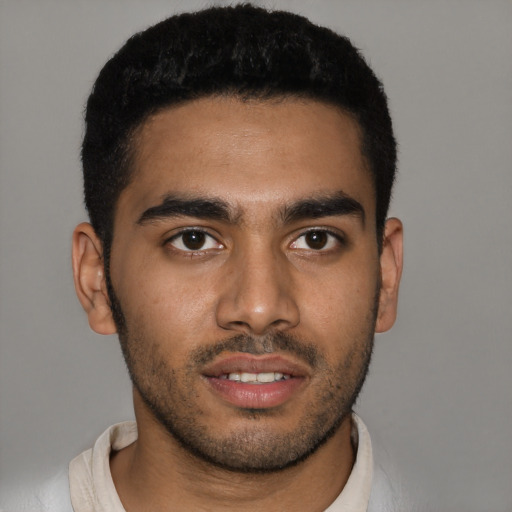 Neutral latino young-adult male with short  black hair and brown eyes