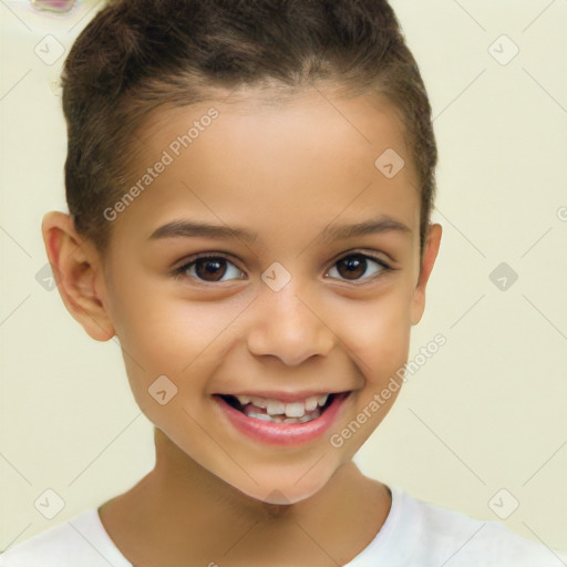 Joyful white child female with short  brown hair and brown eyes