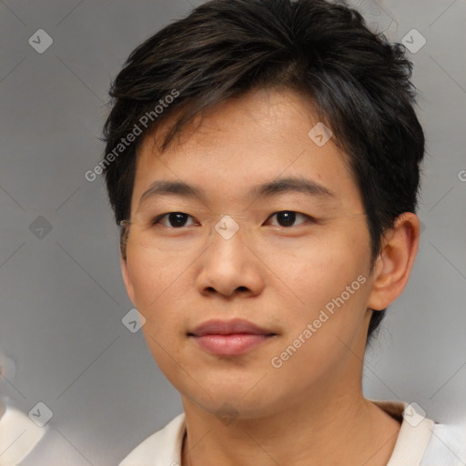 Neutral asian young-adult male with short  brown hair and brown eyes