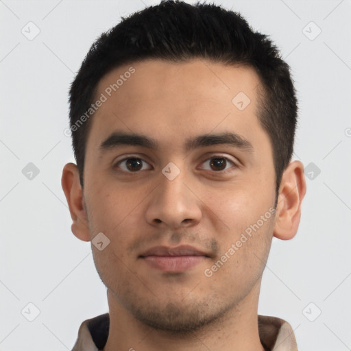 Neutral latino young-adult male with short  black hair and brown eyes