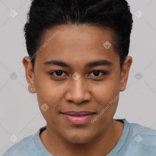 Joyful latino young-adult male with short  brown hair and brown eyes