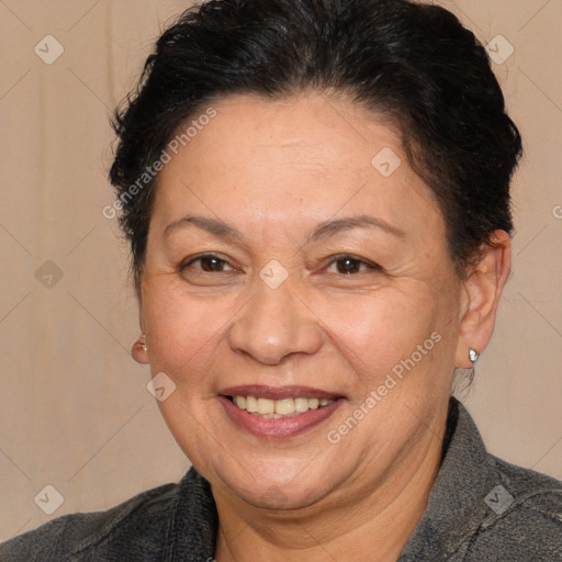 Joyful white adult female with short  brown hair and brown eyes