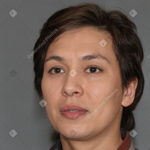 Joyful white adult female with medium  brown hair and brown eyes