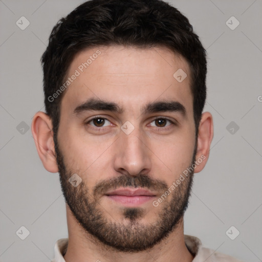 Neutral white young-adult male with short  brown hair and brown eyes