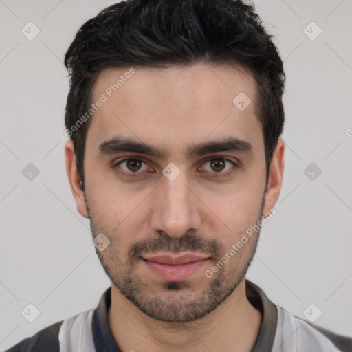 Neutral white young-adult male with short  brown hair and brown eyes