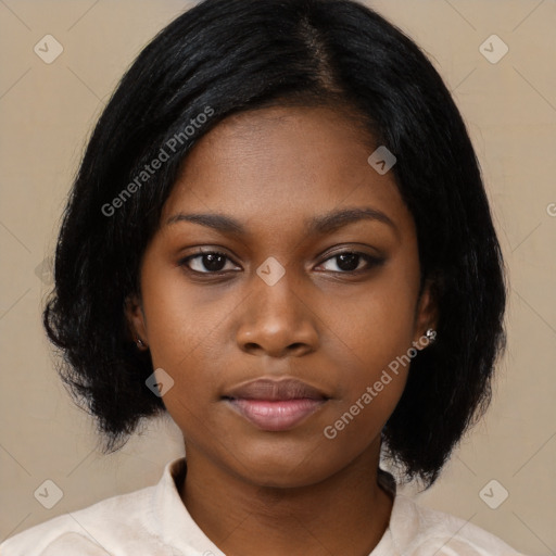 Joyful asian young-adult female with medium  black hair and brown eyes