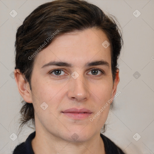 Joyful white young-adult male with medium  brown hair and brown eyes