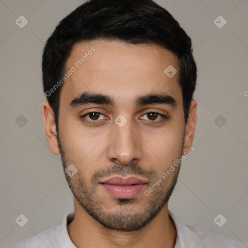 Neutral latino young-adult male with short  black hair and brown eyes