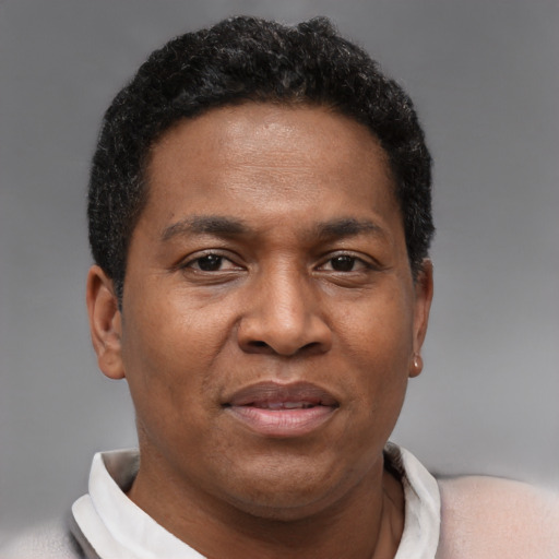 Joyful black adult male with short  brown hair and brown eyes