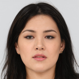 Neutral asian young-adult female with long  brown hair and brown eyes