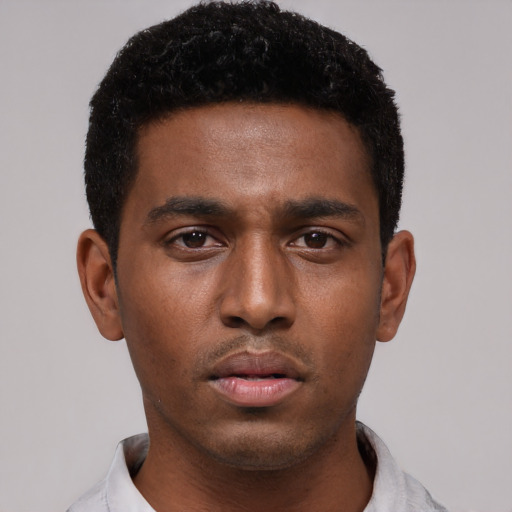 Neutral black young-adult male with short  black hair and brown eyes
