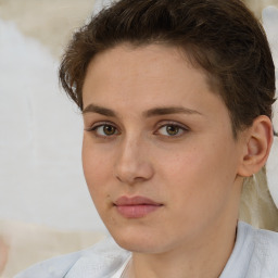 Neutral white young-adult female with short  brown hair and brown eyes