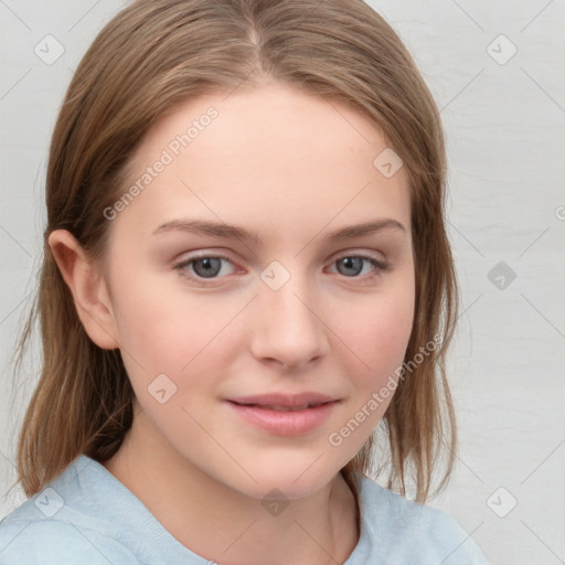 Joyful white child female with medium  brown hair and grey eyes