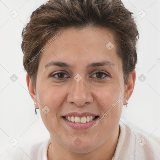 Joyful white adult female with short  brown hair and brown eyes