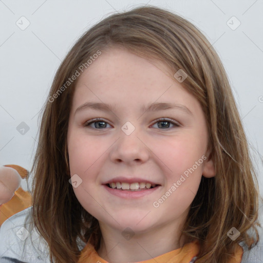 Joyful white child female with medium  brown hair and brown eyes