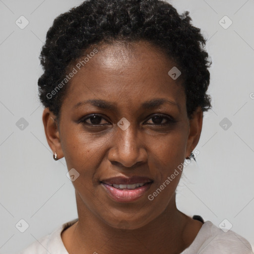 Joyful black adult female with short  brown hair and brown eyes