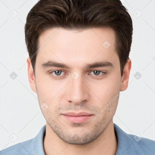 Neutral white young-adult male with short  brown hair and grey eyes