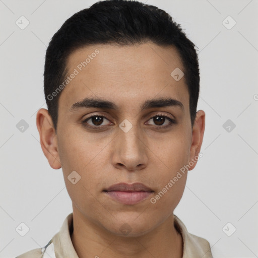 Neutral latino young-adult male with short  black hair and brown eyes