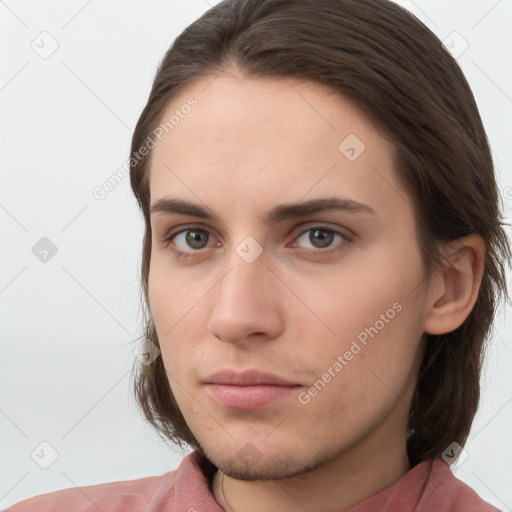 Neutral white young-adult female with short  brown hair and brown eyes