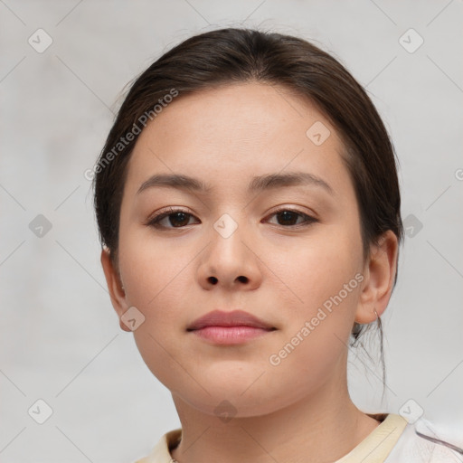 Neutral white young-adult female with short  brown hair and brown eyes