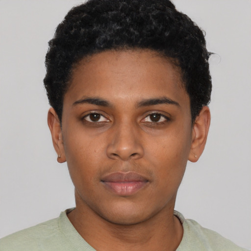 Neutral black young-adult female with short  black hair and brown eyes