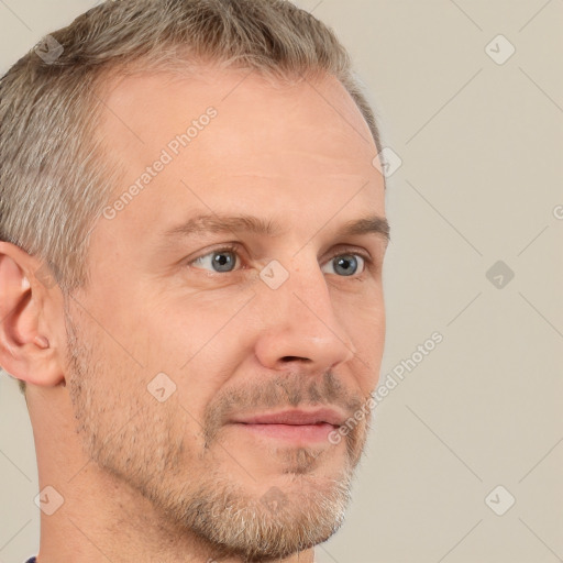 Neutral white adult male with short  brown hair and grey eyes