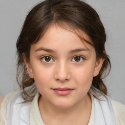 Joyful white child female with medium  brown hair and brown eyes