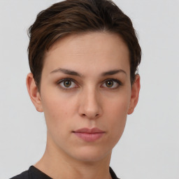 Neutral white young-adult female with short  brown hair and brown eyes