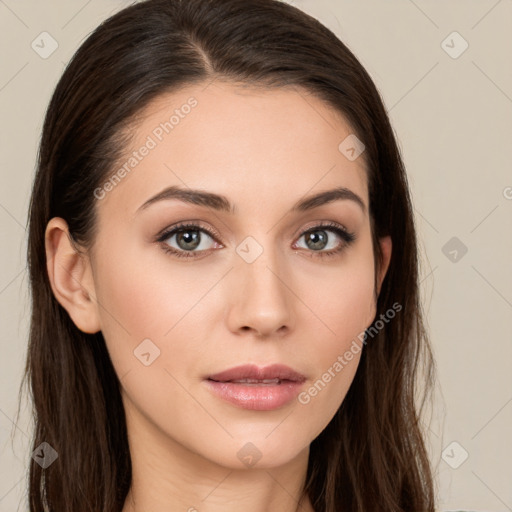 Neutral white young-adult female with long  brown hair and brown eyes