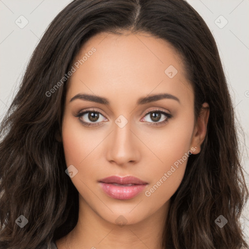 Neutral white young-adult female with long  brown hair and brown eyes