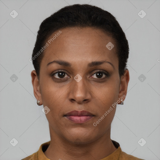 Neutral black young-adult female with short  brown hair and brown eyes