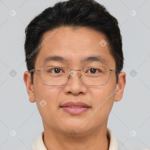 Joyful asian adult male with short  brown hair and brown eyes