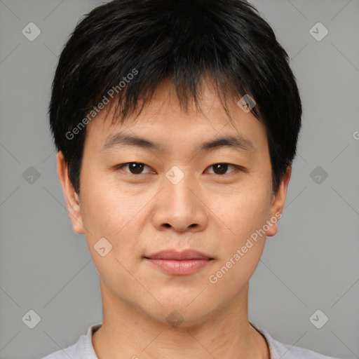 Neutral asian young-adult male with short  brown hair and brown eyes