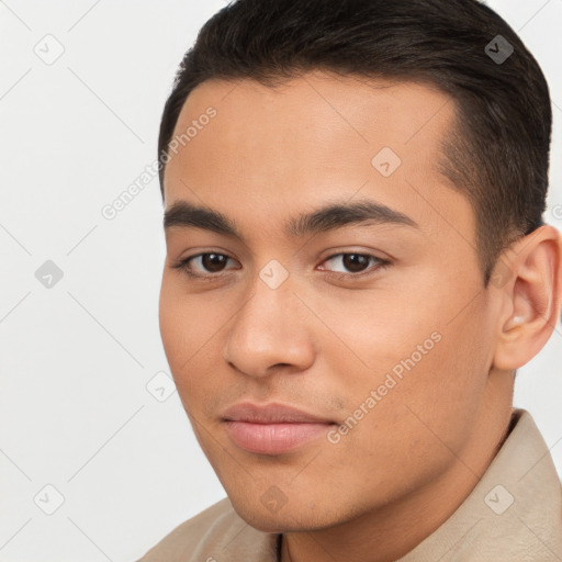 Neutral white young-adult male with short  brown hair and brown eyes