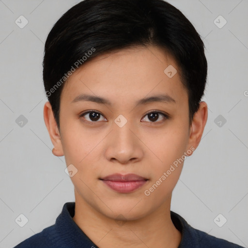 Neutral asian young-adult female with short  black hair and brown eyes