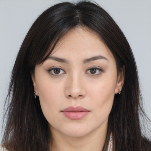 Neutral asian young-adult female with long  brown hair and brown eyes