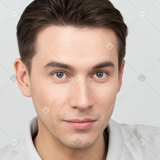 Neutral white young-adult male with short  brown hair and brown eyes