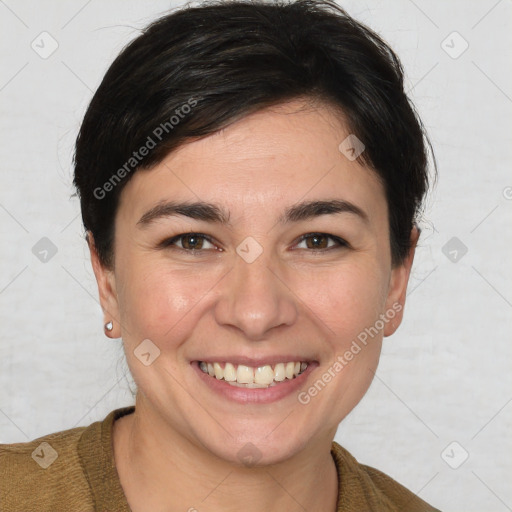 Joyful white young-adult female with short  brown hair and brown eyes