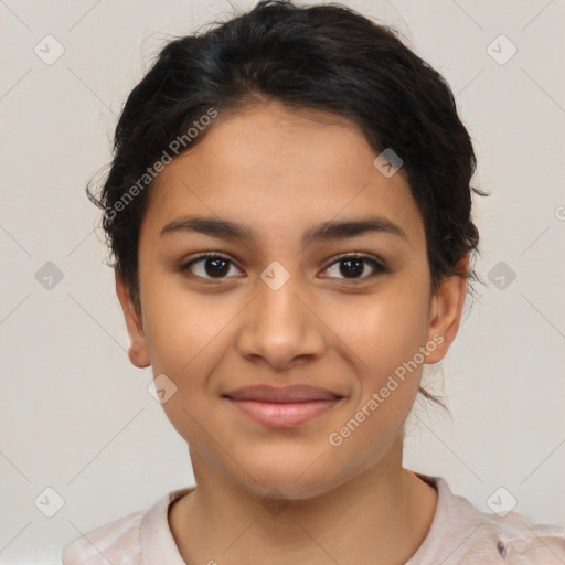 Joyful latino young-adult female with short  brown hair and brown eyes