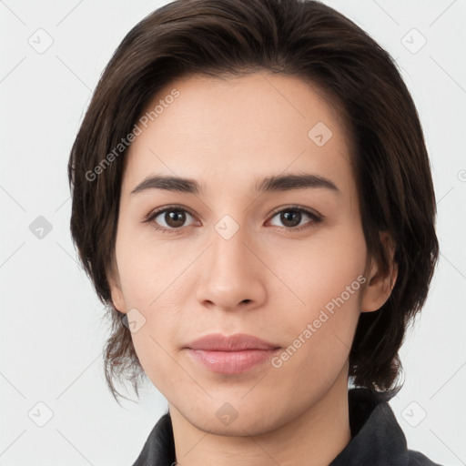 Neutral white young-adult female with medium  brown hair and brown eyes