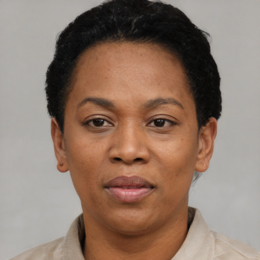 Joyful black adult female with short  black hair and brown eyes