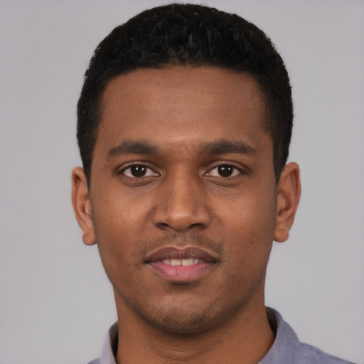 Neutral black young-adult male with short  black hair and brown eyes