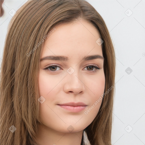 Neutral white young-adult female with long  brown hair and brown eyes