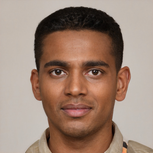 Neutral black young-adult male with short  black hair and brown eyes