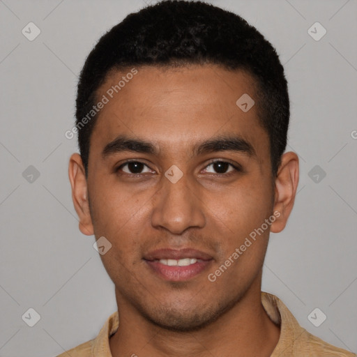 Neutral latino young-adult male with short  brown hair and brown eyes