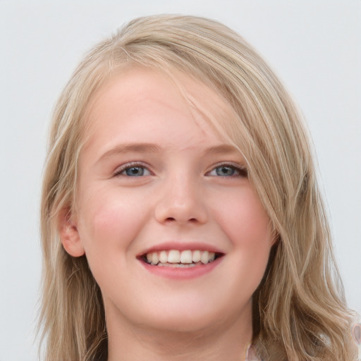 Joyful white child female with long  blond hair and blue eyes