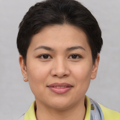 Joyful asian young-adult female with short  brown hair and brown eyes