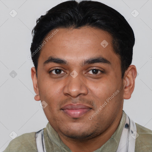 Joyful latino young-adult male with short  black hair and brown eyes