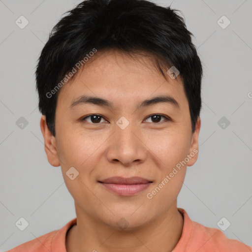 Joyful asian young-adult female with short  brown hair and brown eyes